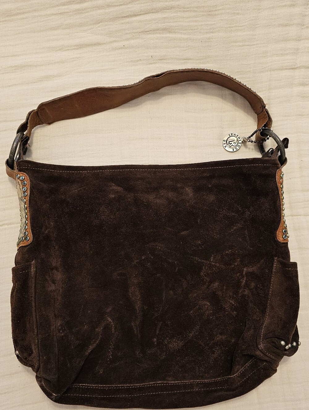 LeatherRock USA Slouchy Brown Suede Shoulder Bag w/ Crystal Handle - Picture 2 of 11